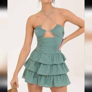 Coquette Ruffle Mini Dress Green Tiered Ruched Babydoll Lucy In The Sky Large